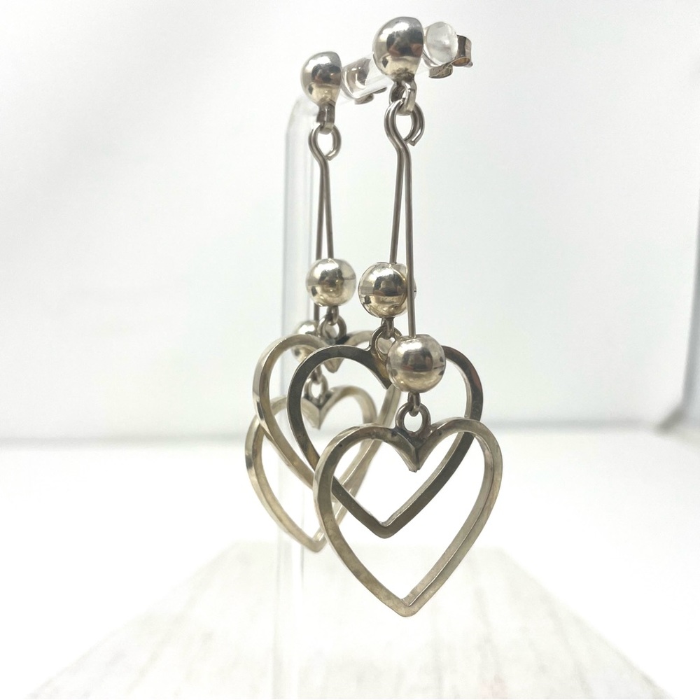 Sterling Silver Double Heart Dangle Post Earrings… - image 3
